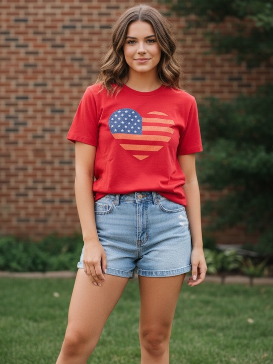 SML Sport Tops - SML Sport red Stars Stripes heart tshirt cotton size small glitter graphic tee